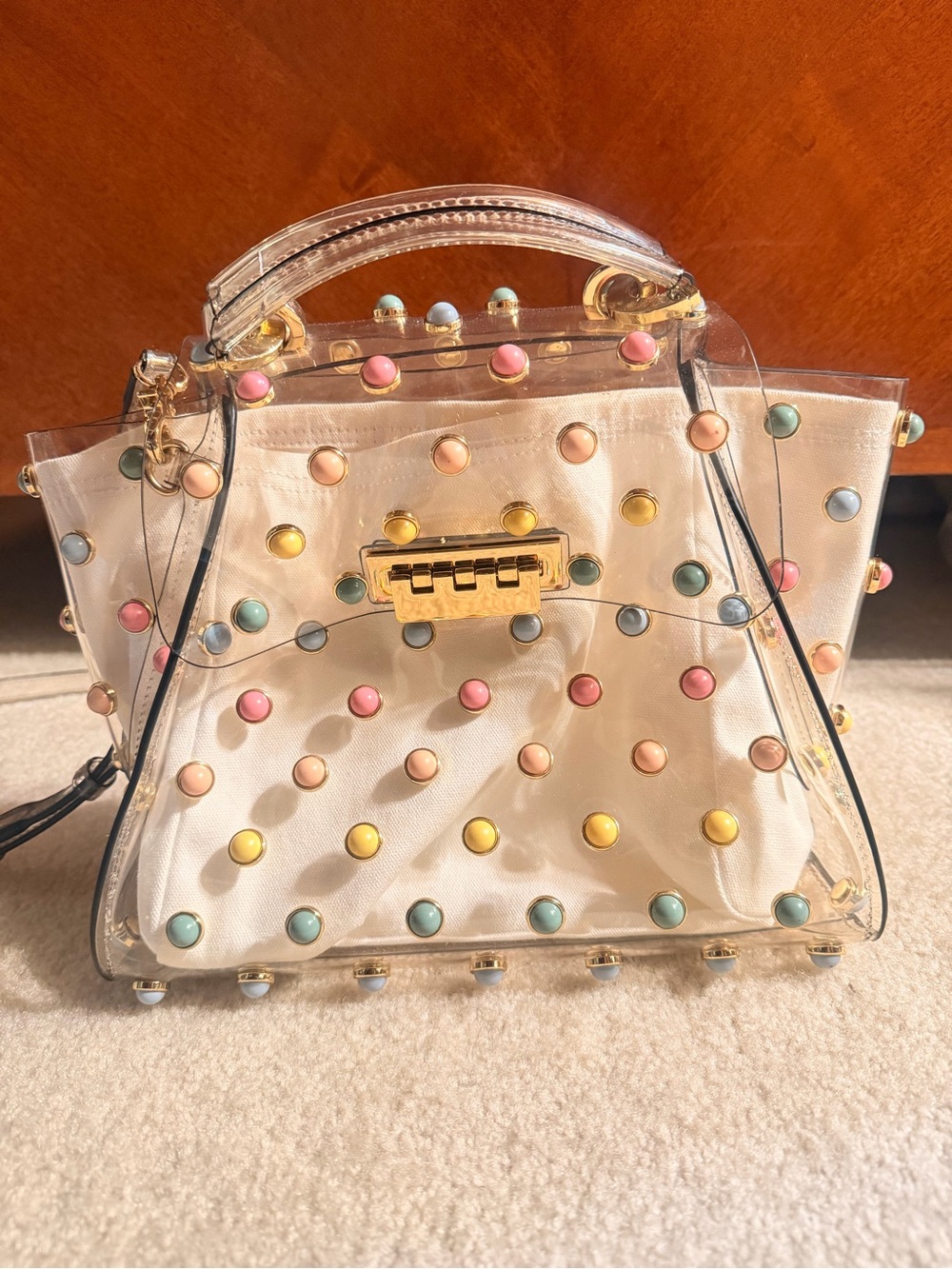 Zac Posen Clear Crossbody with Pastel Pink, Blue, Yellow and Mint Studs